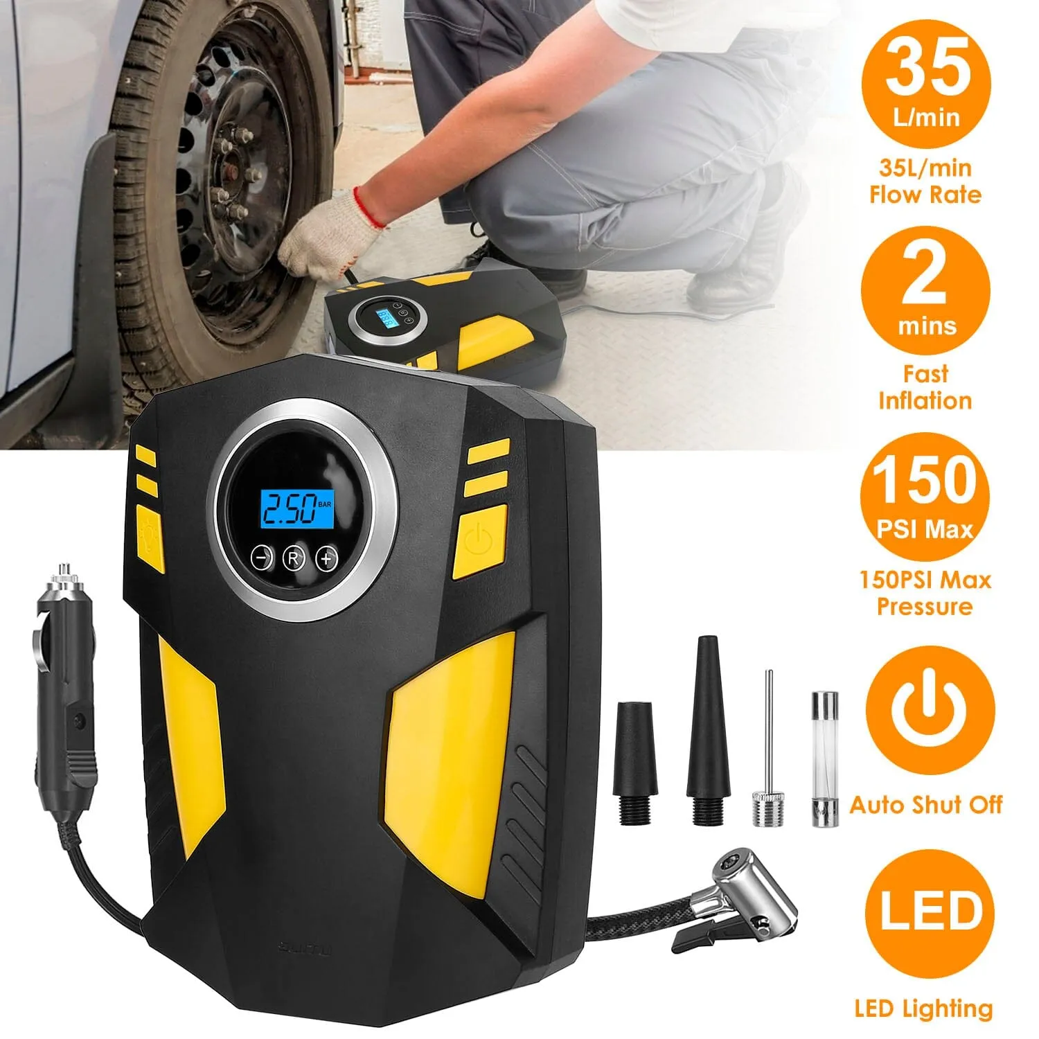 12V Digital Car Air Pump Compressor with LED Light 150 PSI