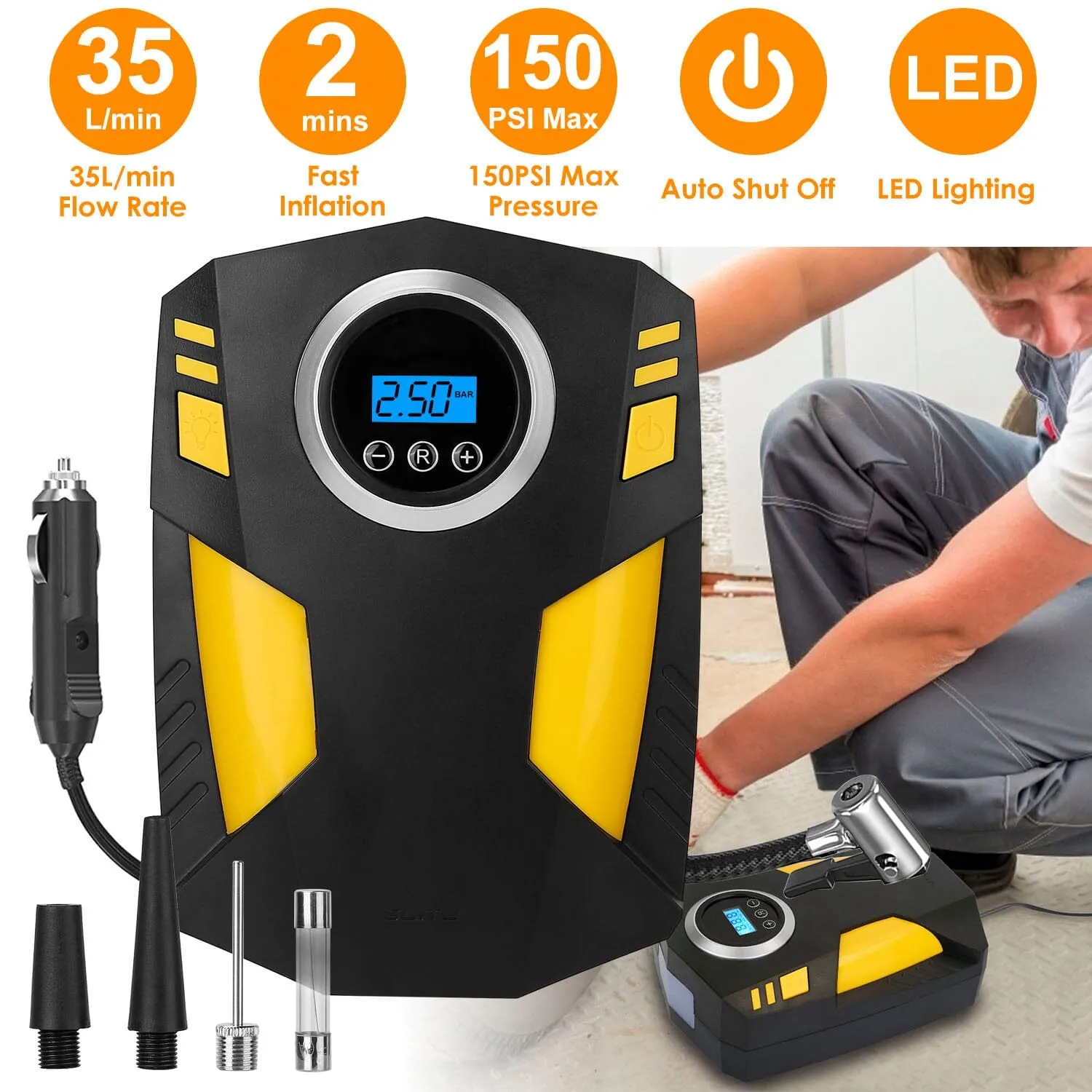 12V Digital Car Air Pump Compressor with LED Light 150 PSI