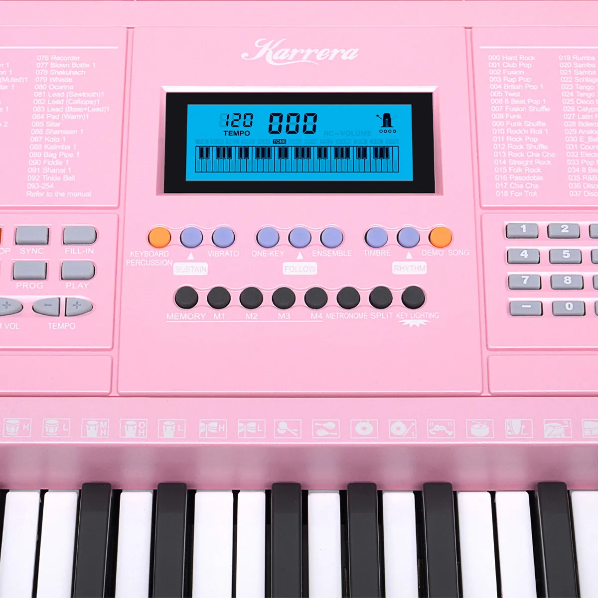 61-Key LED Piano Keyboard, 255 Timbres, Stand - Karrera