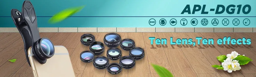 APEXEL 10 in 1 Phone camera Lens Kit Fisheye Wide Angle macro Lens CPL Filter Kaleidoscope and 2X telescope Lens for smartphones