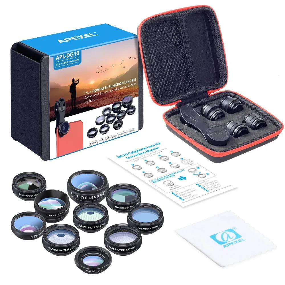APEXEL 10 in 1 Phone camera Lens Kit Fisheye Wide Angle macro Lens CPL Filter Kaleidoscope and 2X telescope Lens for smartphones