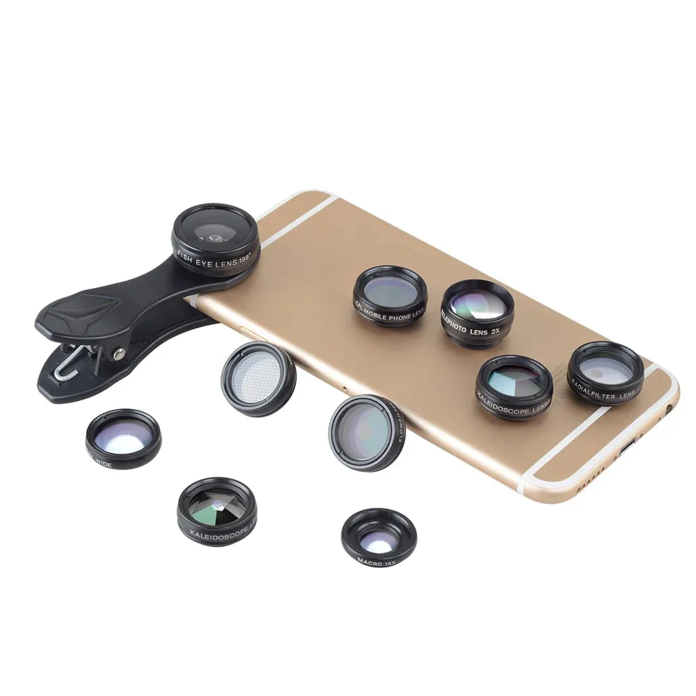 APEXEL 10 in 1 Phone camera Lens Kit Fisheye Wide Angle macro Lens CPL Filter Kaleidoscope and 2X telescope Lens for smartphones