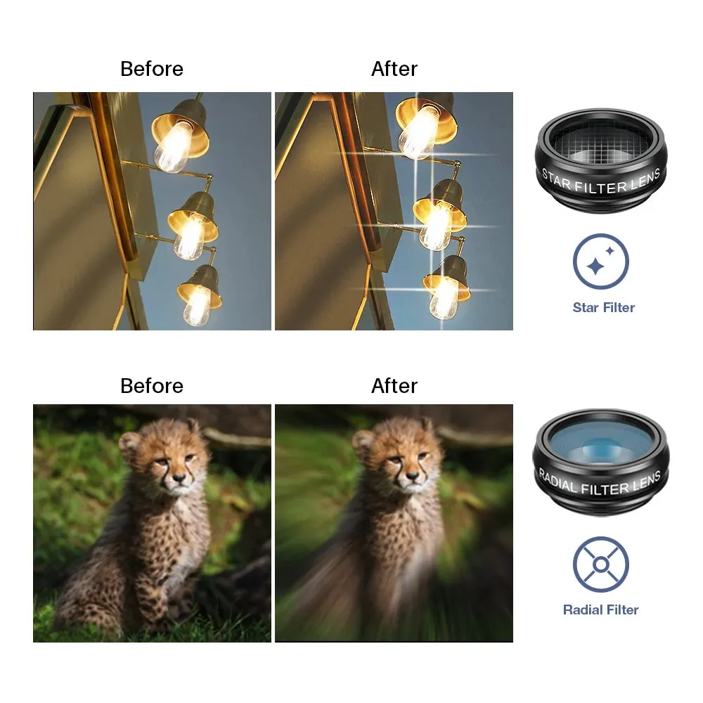 APEXEL 10 in 1 Phone camera Lens Kit Fisheye Wide Angle macro Lens CPL Filter Kaleidoscope and 2X telescope Lens for smartphones