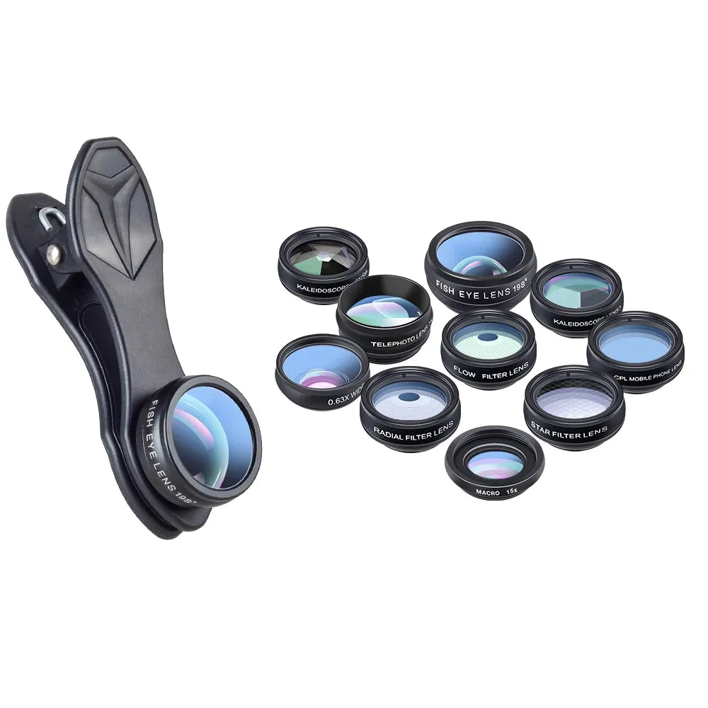 APEXEL 10 in 1 Phone camera Lens Kit Fisheye Wide Angle macro Lens CPL Filter Kaleidoscope and 2X telescope Lens for smartphones