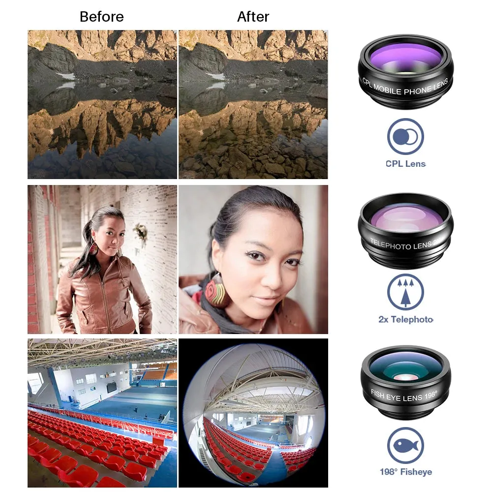 APEXEL 10 in 1 Phone camera Lens Kit Fisheye Wide Angle macro Lens CPL Filter Kaleidoscope and 2X telescope Lens for smartphones