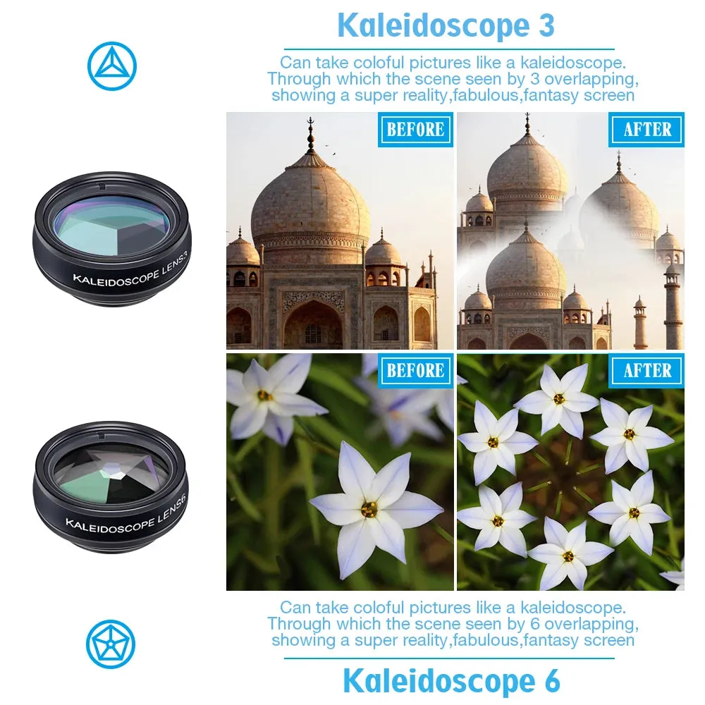 APEXEL 10 in 1 Phone camera Lens Kit Fisheye Wide Angle macro Lens CPL Filter Kaleidoscope and 2X telescope Lens for smartphones