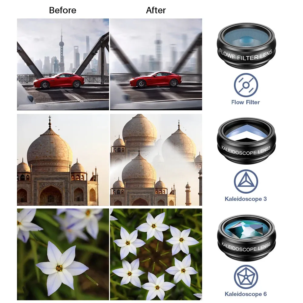 APEXEL 10 in 1 Phone camera Lens Kit Fisheye Wide Angle macro Lens CPL Filter Kaleidoscope and 2X telescope Lens for smartphones