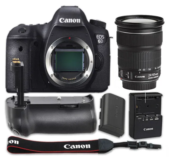 Canon EOS 6D Camera with Canon EF 24-105mm f/3.5-5.6 IS STM Lens   Pro Series Multi-Power Battery Grip For Canon DSLR Cameras