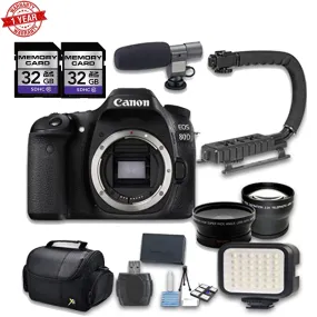 Canon EOS 80D DSLR Camera Bundle (Body Only)w/ Wideangle&amp;Telephoto Lenses|LED Light 2 PC 32 Cards|Microphone|Case|X-Grip|Starter Bundle