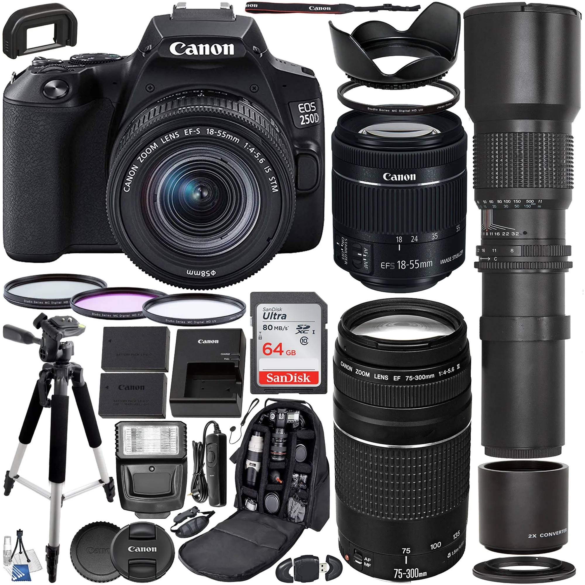 Canon EOS Rebel SL3/250D DSLR Camera with 18-55mm & 75-300mm Canon Lenses & 500mm Lens & Premium Accessory Bundle