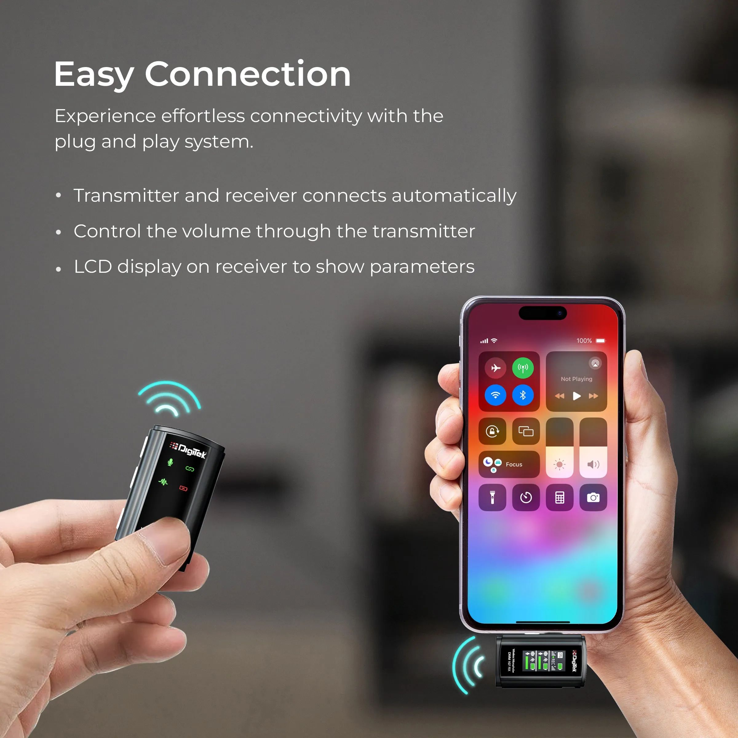 Digitek® (DWM-107) 2-in-1 Wireless Microphone with TFT Card Recording & 360° Sound Capture, 60m Range, 2.4 GHz RF, 9Hrs Run Time, Noise Cancellation, Plug & Play, Compatible with Android, iOS, DSLR