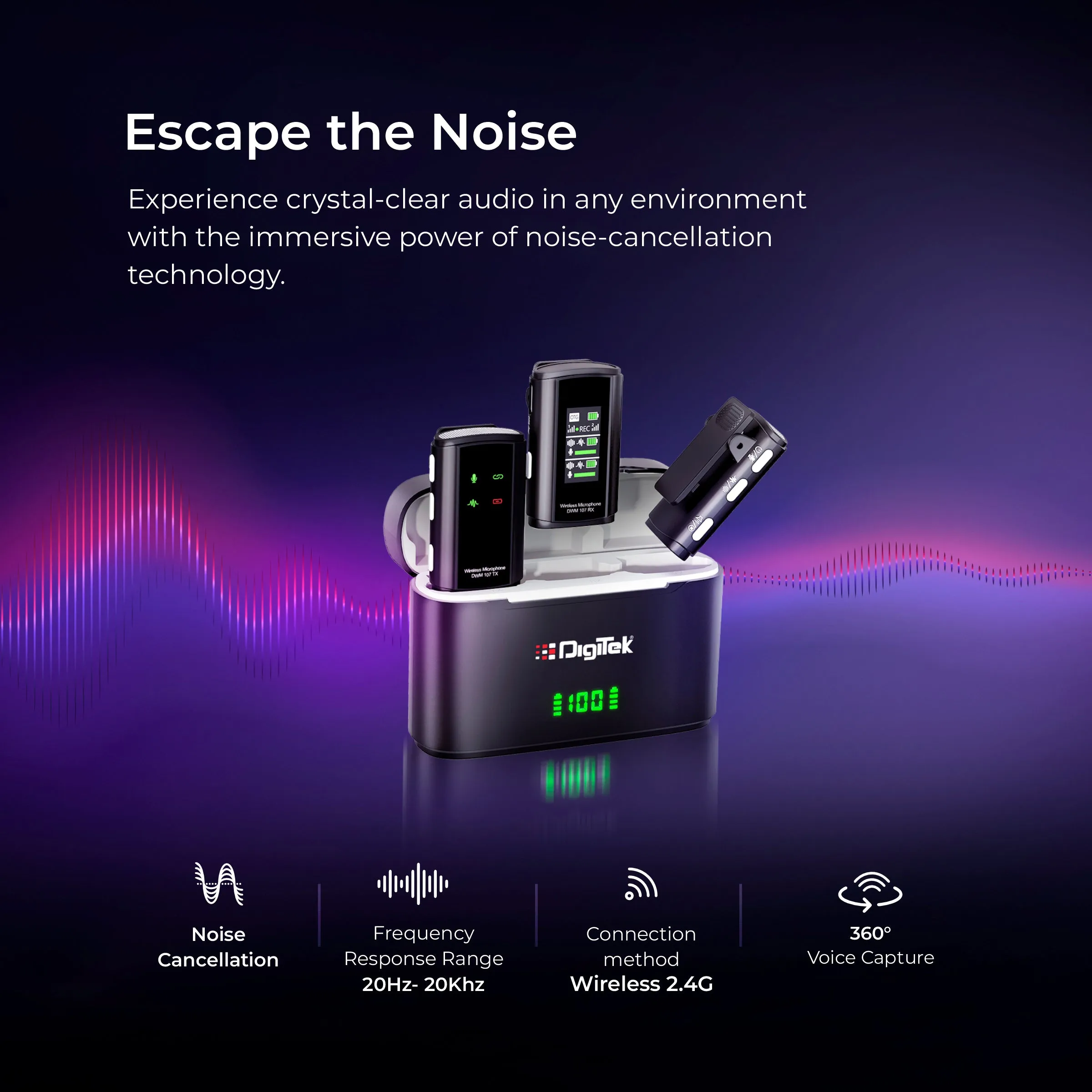 Digitek® (DWM-107) 2-in-1 Wireless Microphone with TFT Card Recording & 360° Sound Capture, 60m Range, 2.4 GHz RF, 9Hrs Run Time, Noise Cancellation, Plug & Play, Compatible with Android, iOS, DSLR