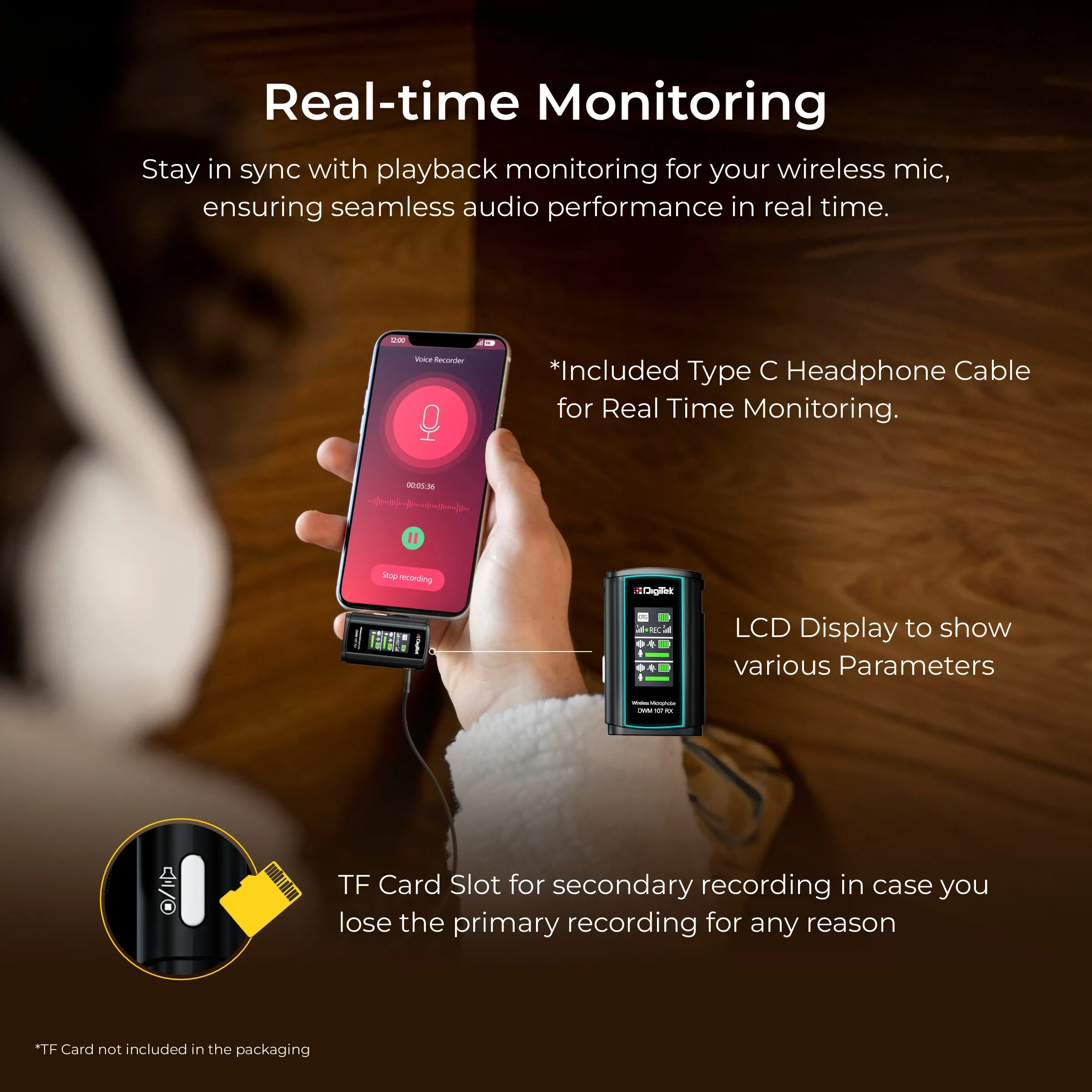 Digitek® (DWM-107) 2-in-1 Wireless Microphone with TFT Card Recording & 360° Sound Capture, 60m Range, 2.4 GHz RF, 9Hrs Run Time, Noise Cancellation, Plug & Play, Compatible with Android, iOS, DSLR