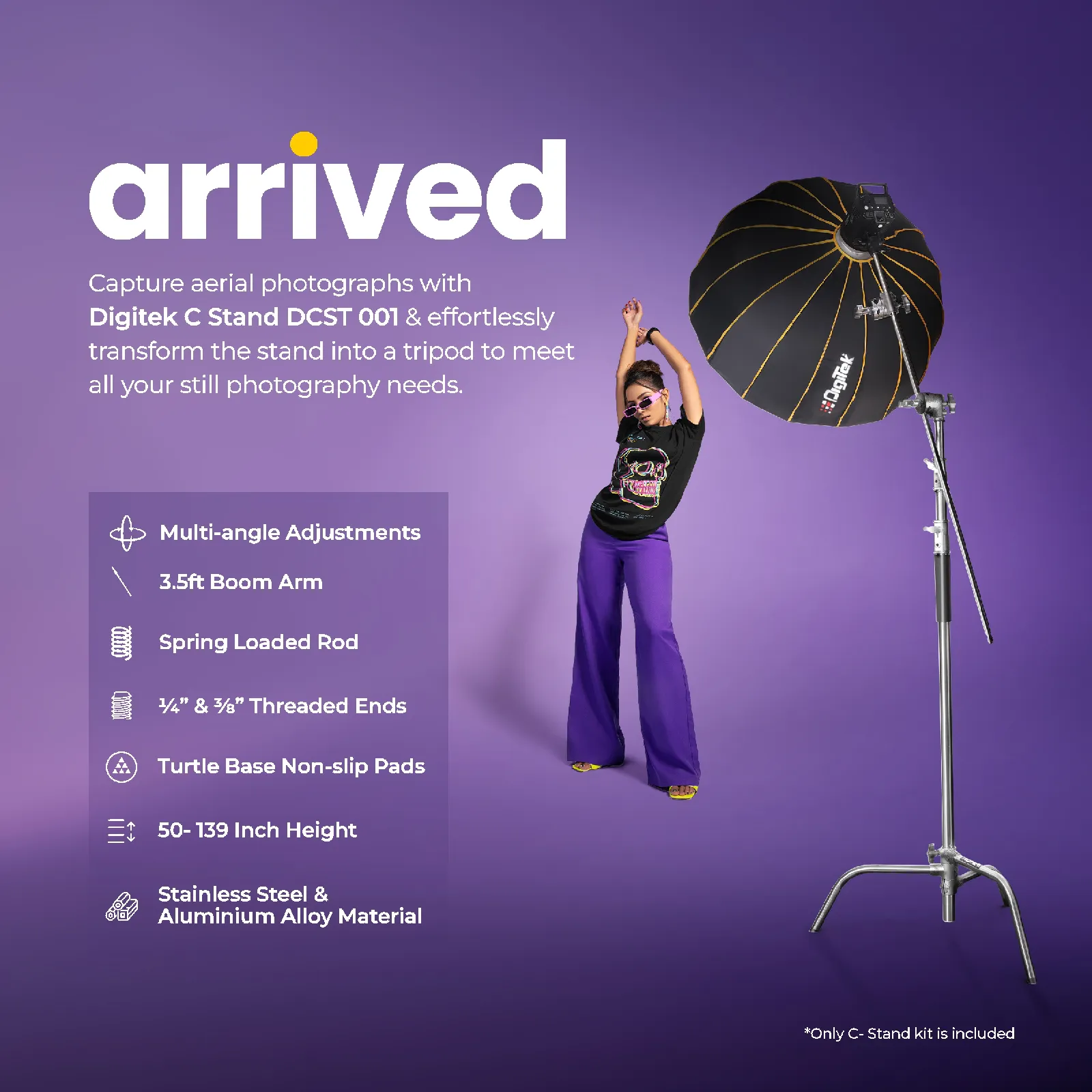 Digitek Heavy Duty Light Stand C-Stand - Max. 10 Feet/3 Meters Adjustable with 3.5 Feet Holding Arm and Grip Head for Studio Video Reflector, Monolight and Other Photographic Equipment (Black)