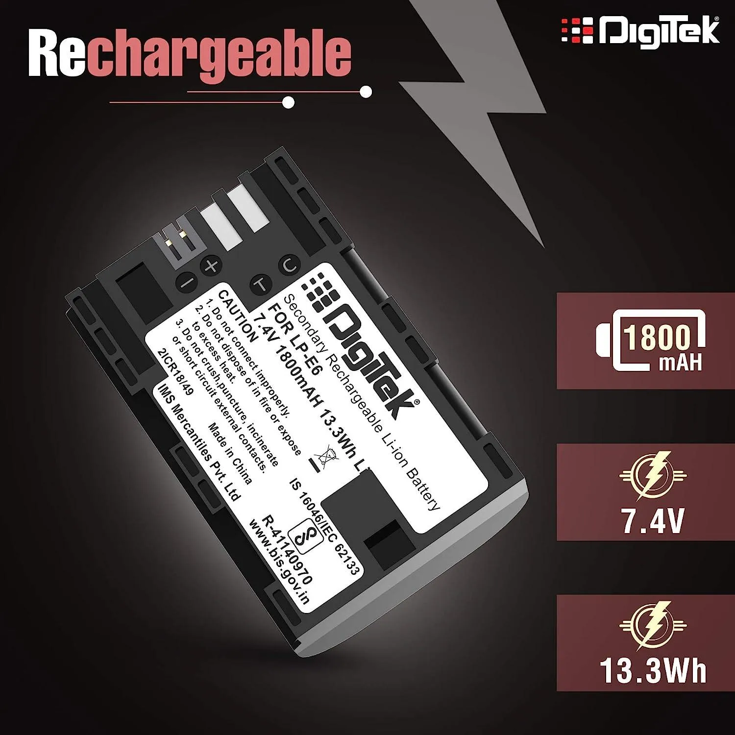 Digitek (LP-E6) Secondary Li-ion Rechargeable Battery for DSLR Camera, Compatibility - EOS 5D Mark IV, EOS 5Ds, 5DS R, EOS 6D, EOS 6D Mark II, EOS 7D, EOS 7D Mark II and More