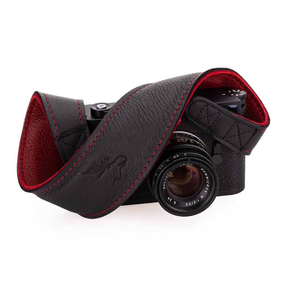 EDDYCAM Elk Leather Neck Strap, 50mm Wide, Black/Red with Red Stitching