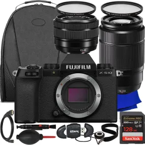 Fujifilm X-S10 Mirrorless Camera Essential Bundle   (Black) with XC 15-45mm OIS PZ & XC 50-230mm OIS II Lenses   SanDisk 128GB Extreme SDXC