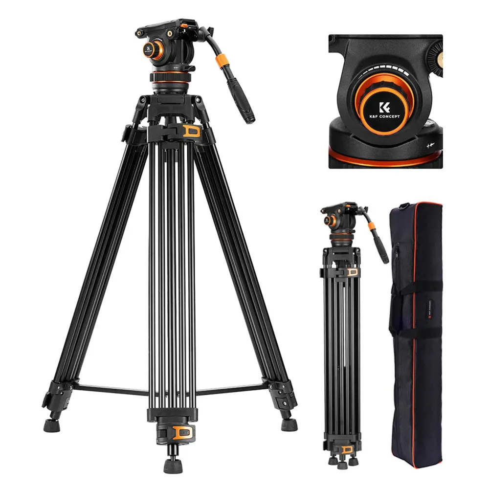 K&F Concept 360 Degree Fluid Head 3-Section Professional Video Tripod with 10kg / 8kg Max Load Capacity, 1.9m Max Height, Hydraulic Dampening Panoramic / Tilt and 1/4" 3/8" Threaded Mounts for DSLR Mirrorless Cameras | VA3 BV10 VA3 BV20