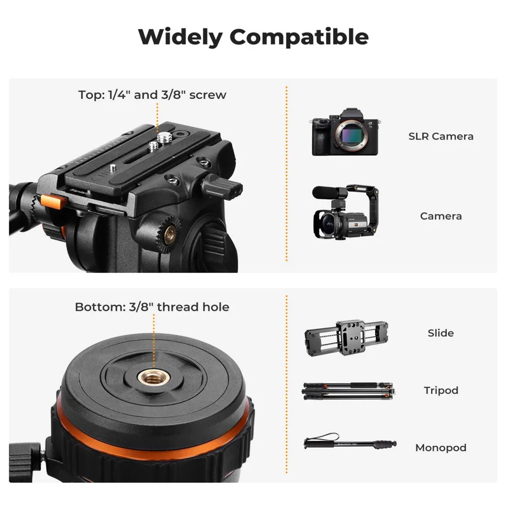 K&F Concept 360 Degree Fluid Head 3-Section Professional Video Tripod with 10kg / 8kg Max Load Capacity, 1.9m Max Height, Hydraulic Dampening Panoramic / Tilt and 1/4" 3/8" Threaded Mounts for DSLR Mirrorless Cameras | VA3 BV10 VA3 BV20