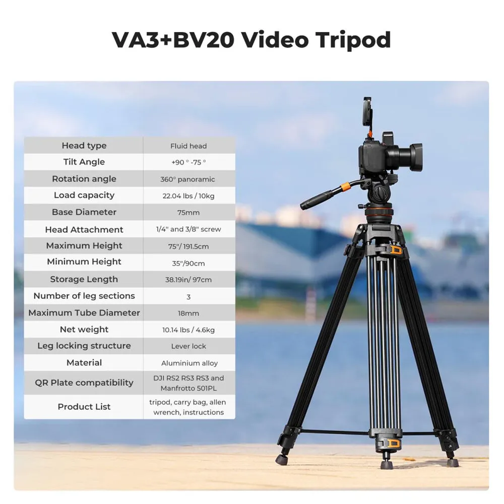 K&F Concept 360 Degree Fluid Head 3-Section Professional Video Tripod with 10kg / 8kg Max Load Capacity, 1.9m Max Height, Hydraulic Dampening Panoramic / Tilt and 1/4" 3/8" Threaded Mounts for DSLR Mirrorless Cameras | VA3 BV10 VA3 BV20