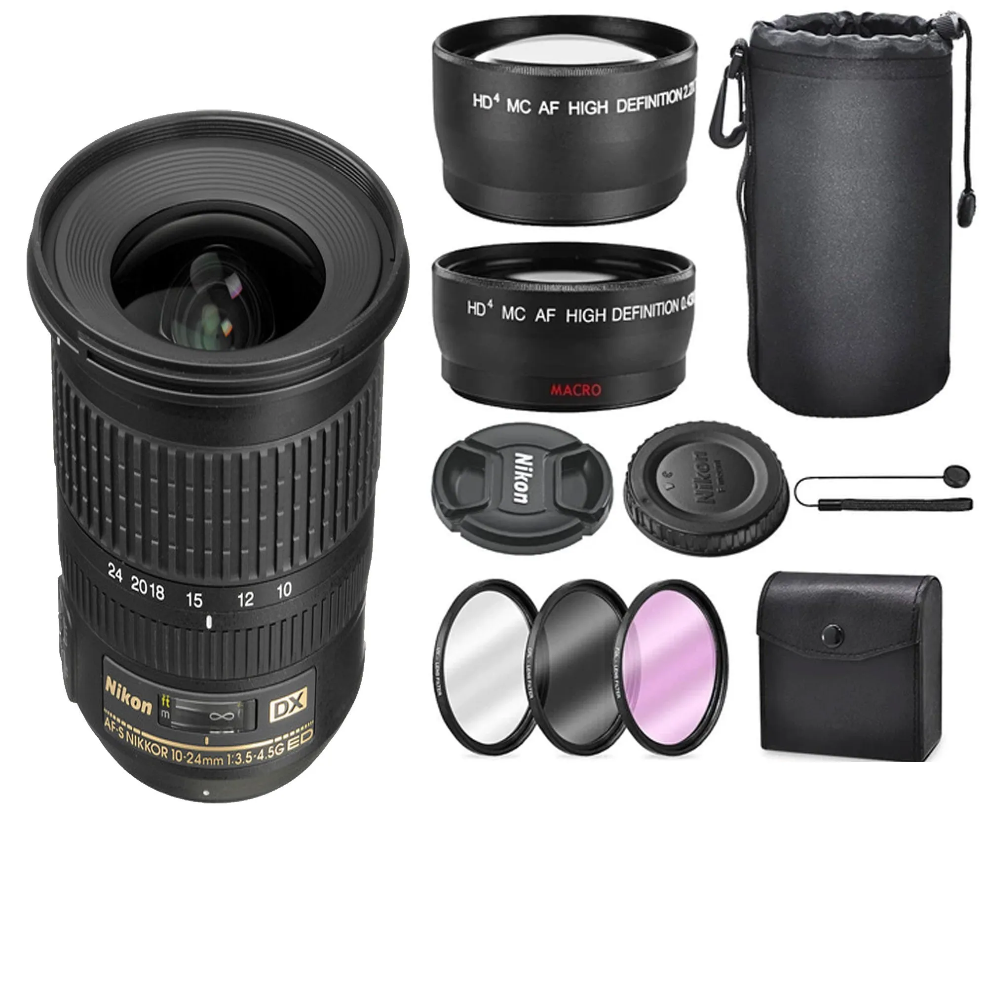 Nikon AF-S DX NIKKOR 10-24mm f/3.5-4.5G ED Lens Accessory Bundle, 58mm Wide-angle &amp; Telephoto Lens,   Filters   Lens Pouch Bundle