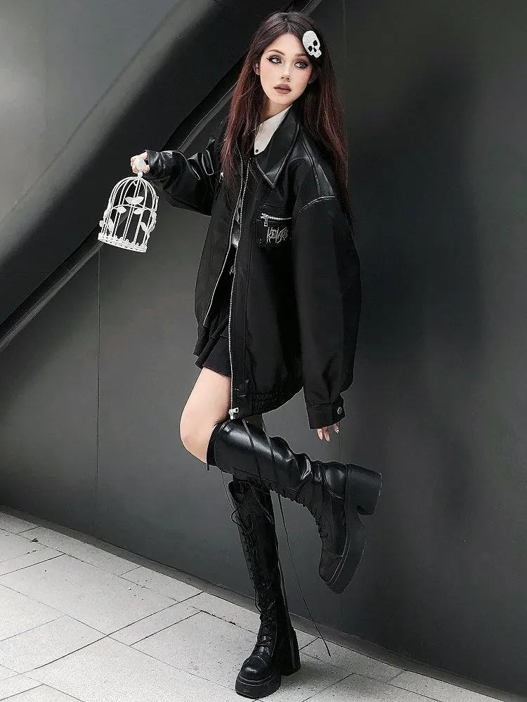 Punk Black Metal Letters Adorned Moto Jacket