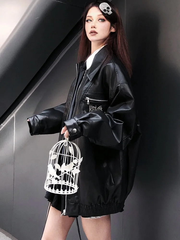 Punk Black Metal Letters Adorned Moto Jacket