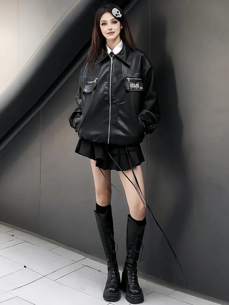 Punk Black Metal Letters Adorned Moto Jacket