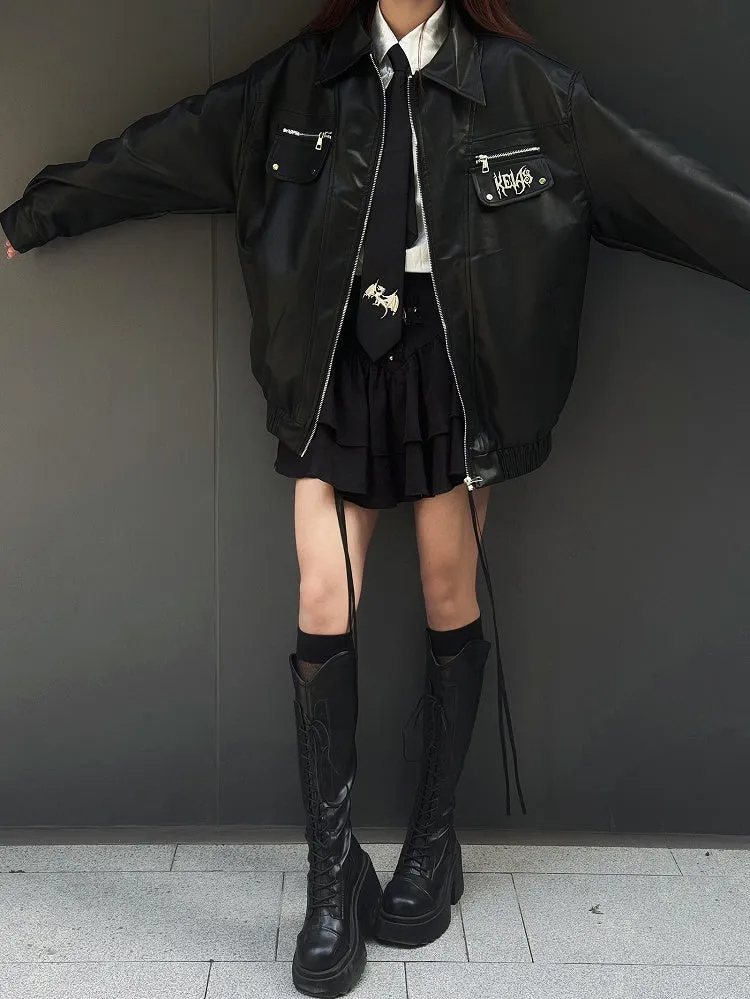 Punk Black Metal Letters Adorned Moto Jacket